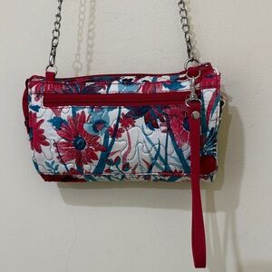 Chic Floral Quilted Wristlet with Chain removable Strap - Red and Blue